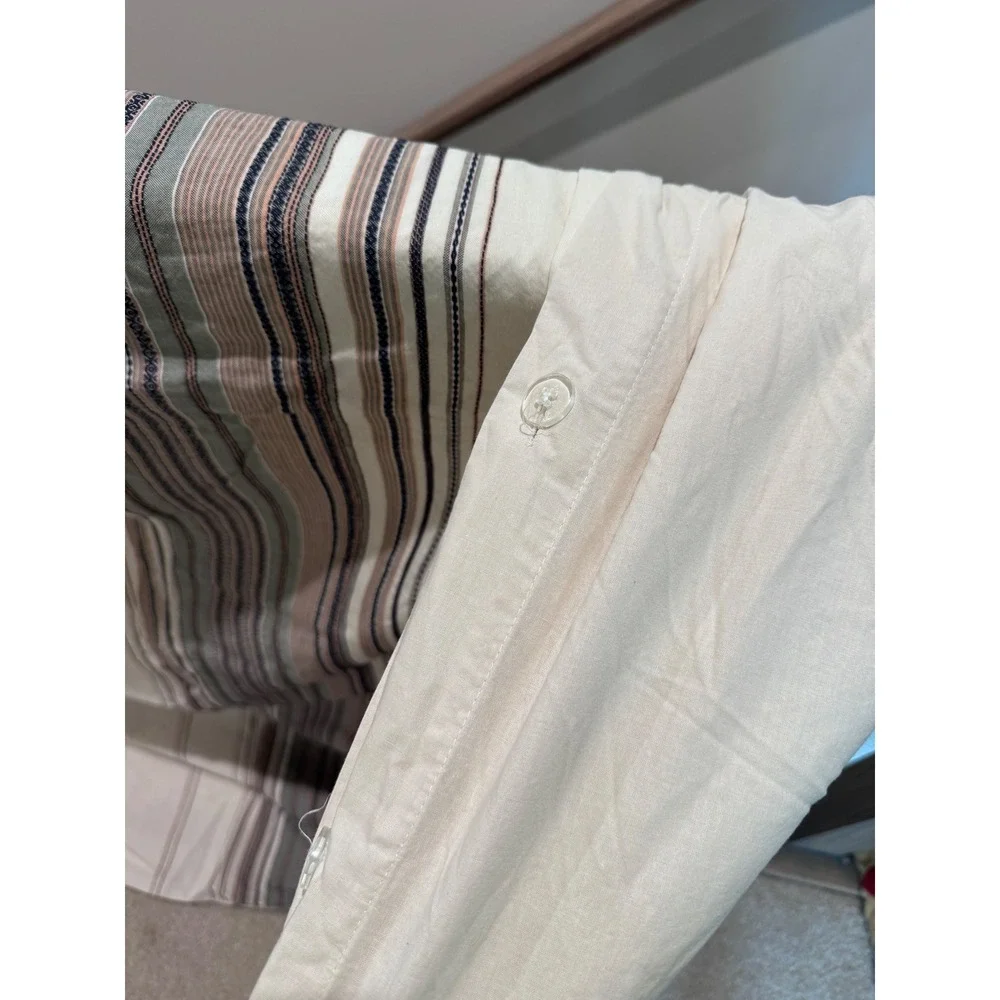 Pottery Barn Organic Cotton Striped Duvet Cover Set 2 Euro Shams Cream Sage Navy
